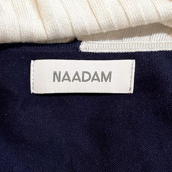 Naadam Navy/White Cotton/Silk Blend Open Neck Asymmetrical Sweater. Small. NWOT - Picture 4 of 5